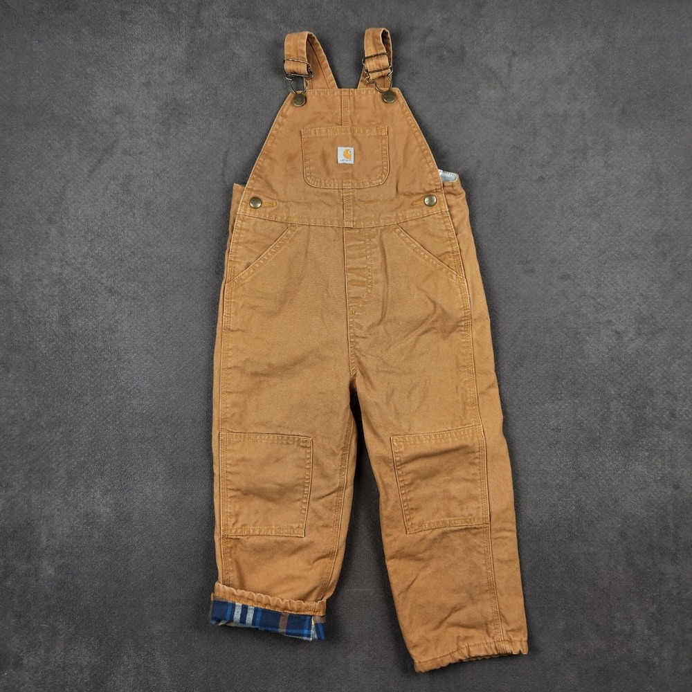 Carhartt Flannel Lined Canvas Overalls Kids 4T Brown Double Knee Bibs Workwear